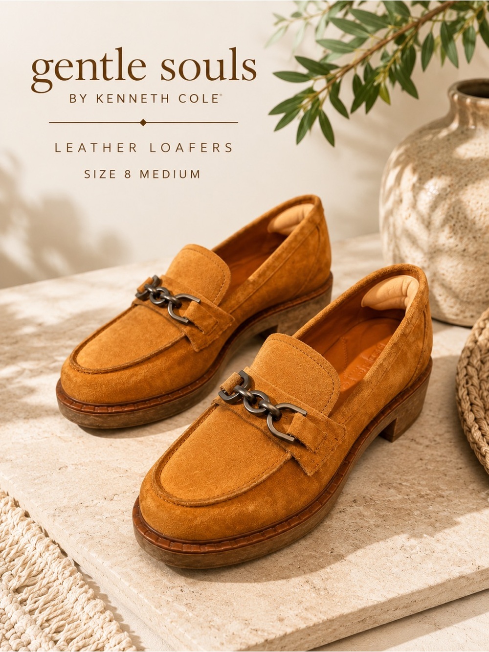 Gentle Souls Kenneth Cole Suede Chain Loafers Tan Leather 8M